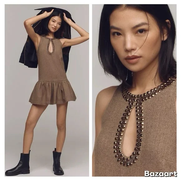 NWT By Anthropologie Beaded Keyhole Sleeveless Mini Dress Sz L - Picture 14 of 15